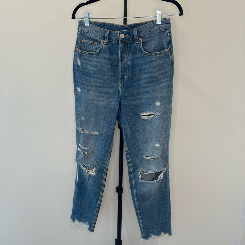 H&M | High-Waisted Ripped Mom Jeans Distressed Hem | Medium Blue | Size 6​